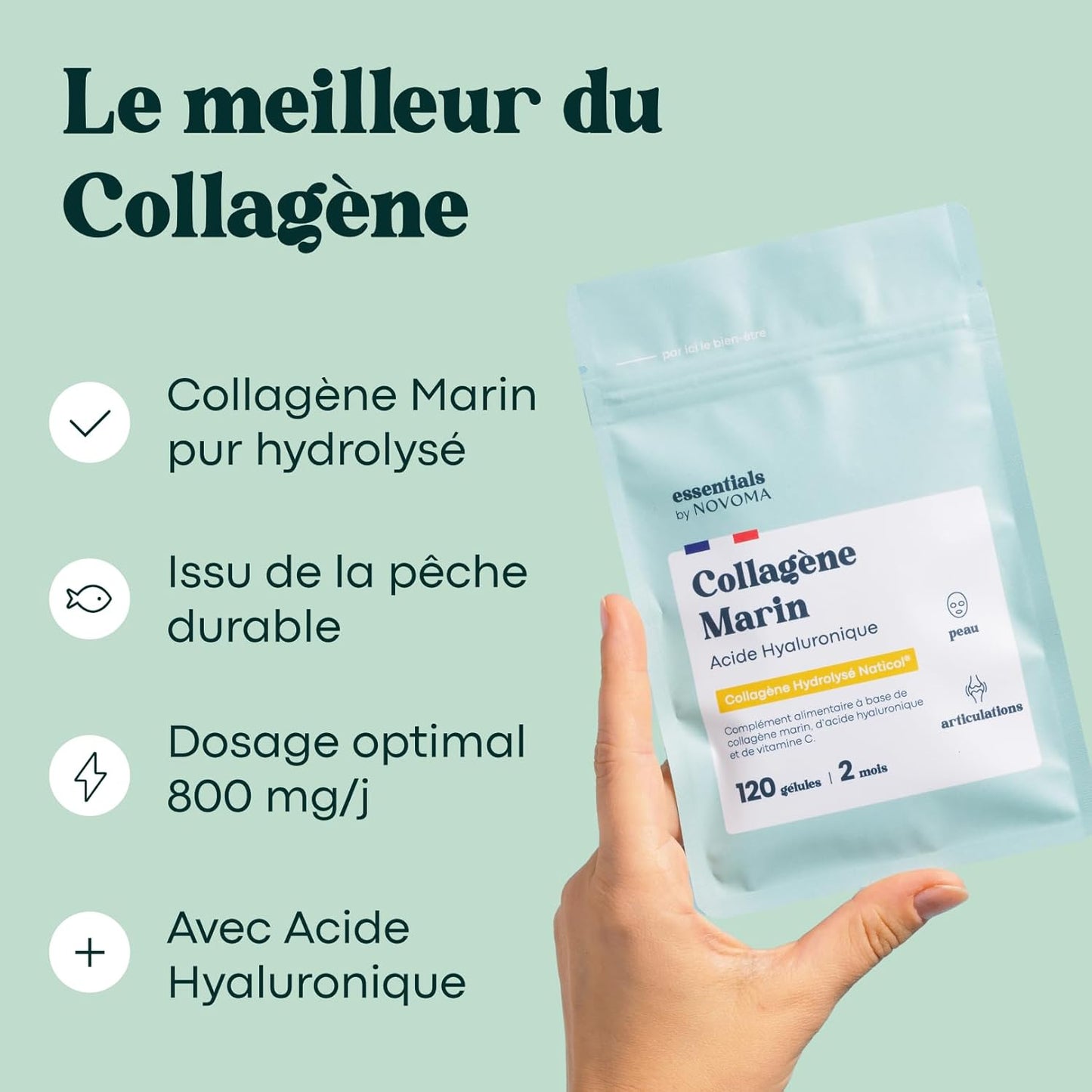 Collagène Marin + Acide Hyaluronique, Peau Hydratée et Articulations Fortes, Cure de 2 mois, 120 Gélules, Collagene Hydrolysé Type 1 Naticol®, Avec Vitamine C, Fabriqué en France, by Novoma