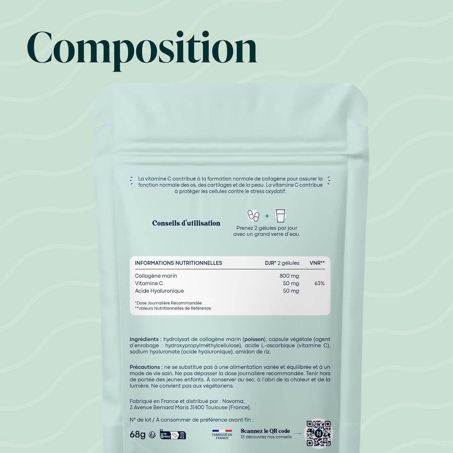 Collagène Marin + Acide Hyaluronique, Peau Hydratée et Articulations Fortes, Cure de 2 mois, 120 Gélules, Collagene Hydrolysé Type 1 Naticol®, Avec Vitamine C, Fabriqué en France, by Novoma