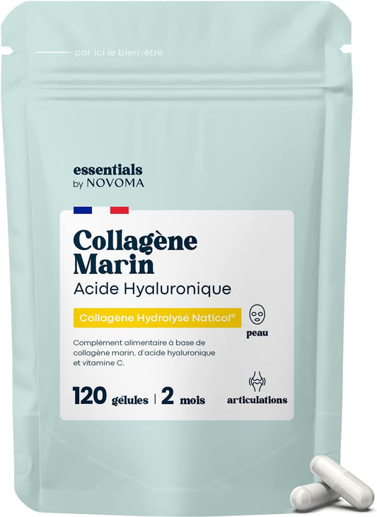 Collagène Marin + Acide Hyaluronique, Peau Hydratée et Articulations Fortes, Cure de 2 mois, 120 Gélules, Collagene Hydrolysé Type 1 Naticol®, Avec Vitamine C, Fabriqué en France, by Novoma